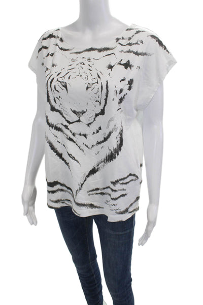 Lauren by Ralph Lauren Womens Basic Animal Print White T-Shirt Cotton Size L