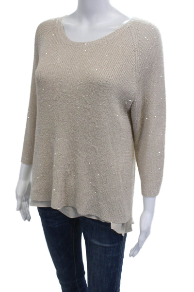 Neiman Marcus Women Pullover Sweater Beige Silk Cashmere 3/4 Sleeve Size L