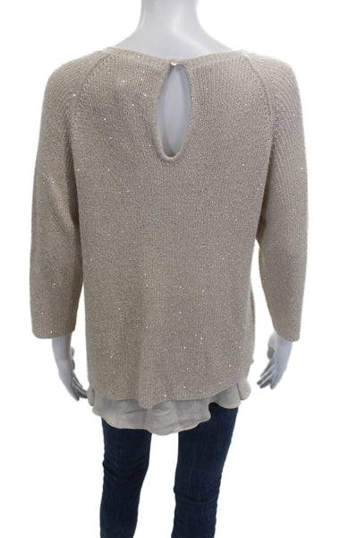 Neiman Marcus Women Pullover Sweater Beige Silk Cashmere 3/4 Sleeve Size L