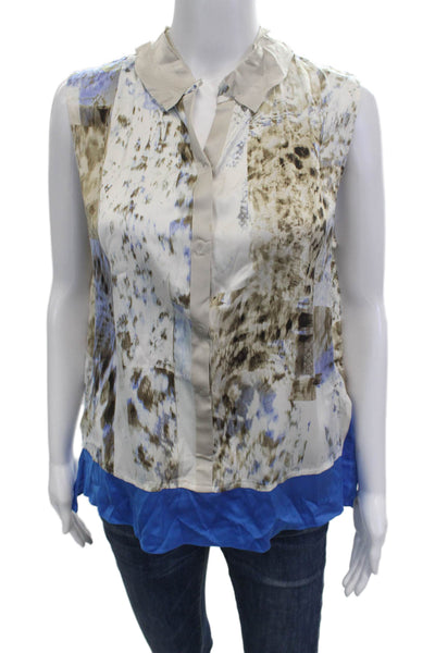 Elie Tahari Women Beige Animal Print Sleeveless Silk Button Up Blouse Size L
