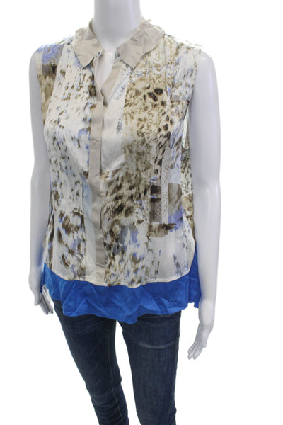 Elie Tahari Women Beige Animal Print Sleeveless Silk Button Up Blouse Size L