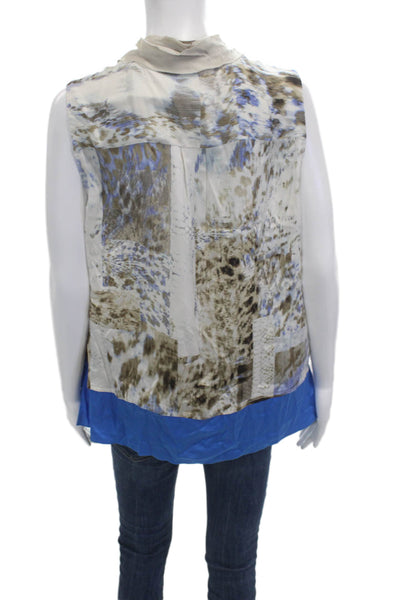 Elie Tahari Women Beige Animal Print Sleeveless Silk Button Up Blouse Size L