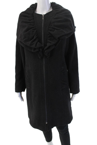 Designer Womens Classic Overcoat Black Wool Nylon Zip Long Sleeve Size 42