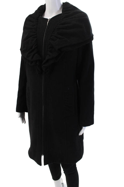 Designer Womens Classic Overcoat Black Wool Nylon Zip Long Sleeve Size 42
