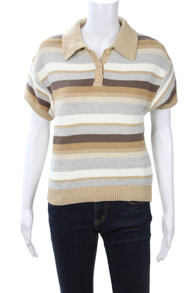 Gab kate Unisex Beige Striped Collared Short Sleeve Pullover Sweater Size XS