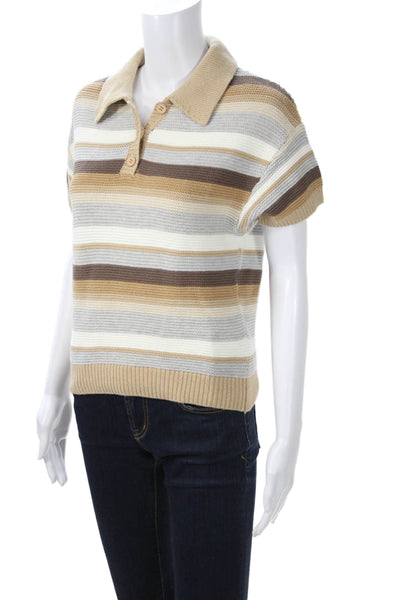 Gab kate Unisex Beige Striped Collared Short Sleeve Pullover Sweater Size XS