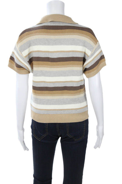 Gab kate Unisex Beige Striped Collared Short Sleeve Pullover Sweater Size XS