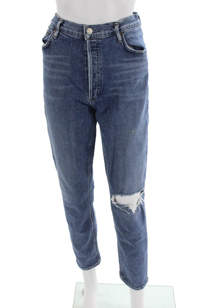 Agolde Women Mom Ankle Cropped Jeans Mid Rise Blue Button Size 31