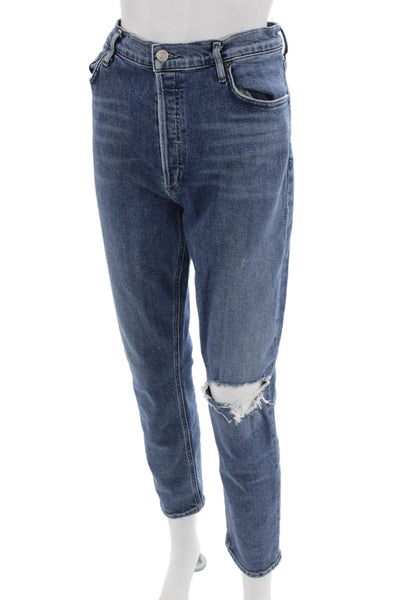 Agolde Women Mom Ankle Cropped Jeans Mid Rise Blue Button Size 31