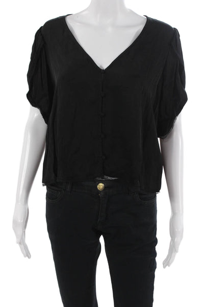 Velvet Women Cropped Black V-Neck Button Up Blouse Short Sleeve Size S