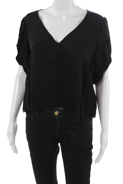 Velvet Women Cropped Black V-Neck Button Up Blouse Short Sleeve Size S