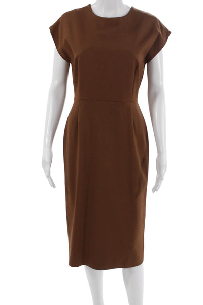 QL2 Womens Sheath Dress Brown Virgin Wool Zip Short Sleeve Knee Length Size 42