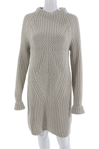 Paola Zuin Women Sweater Dress Beige Mock Neck Long Sleeve Cashmere Knee Size S