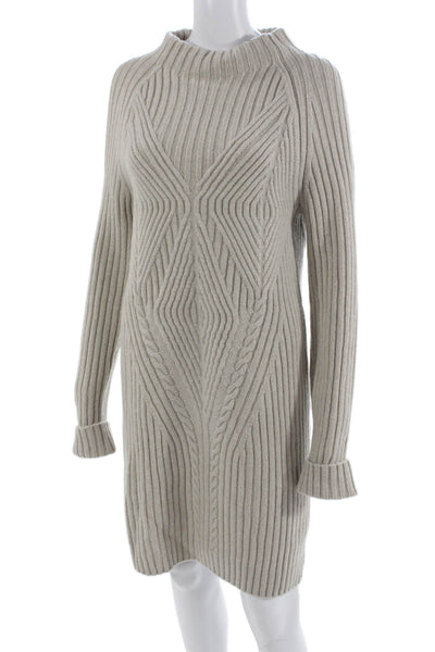Paola Zuin Women Sweater Dress Beige Mock Neck Long Sleeve Cashmere Knee Size S