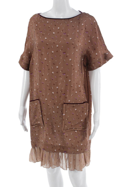 Paola Zuin Womens Shift Floral Brown Short Sleeve Knee Length Dress Size 40