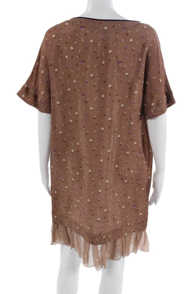 Paola Zuin Womens Shift Floral Brown Short Sleeve Knee Length Dress Size 40