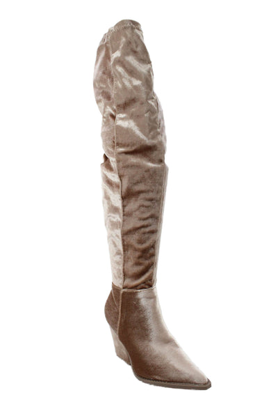 Mata Womens Velvet Zip Pointed Toe High Heels Over Knee Boots Shoes Pink Sz 7.5
