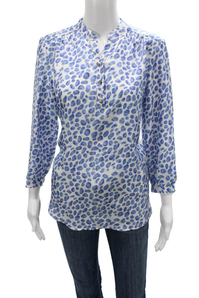 Elizabeth McKay Women Silk Leopard V-Neck Button Tunic 3/4 Sleeve Blue Size 8