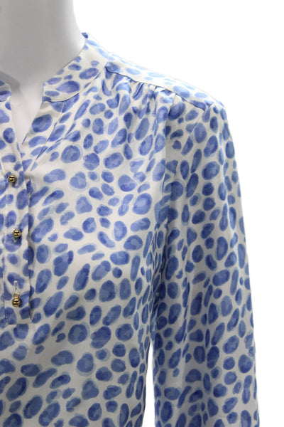 Elizabeth McKay Women Silk Leopard V-Neck Button Tunic 3/4 Sleeve Blue Size 8