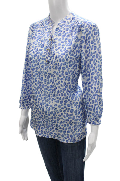 Elizabeth McKay Women Silk Leopard V-Neck Button Tunic 3/4 Sleeve Blue Size 8
