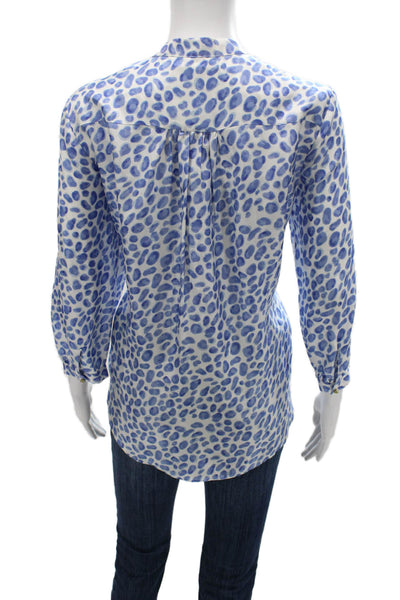 Elizabeth McKay Women Silk Leopard V-Neck Button Tunic 3/4 Sleeve Blue Size 8