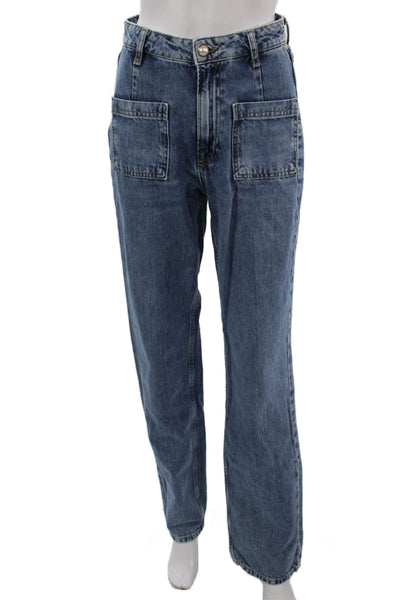 Zara Womens Mom Straight Jeans Blue Mid-Rise Button Cotton Blend Size 2