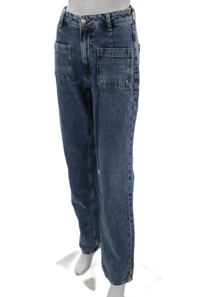 Zara Womens Mom Straight Jeans Blue Mid-Rise Button Cotton Blend Size 2