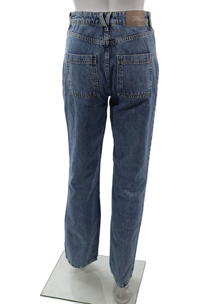 Zara Womens Mom Straight Jeans Blue Mid-Rise Button Cotton Blend Size 2
