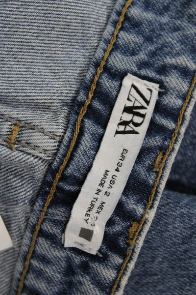 Zara Womens Mom Straight Jeans Blue Mid-Rise Button Cotton Blend Size 2