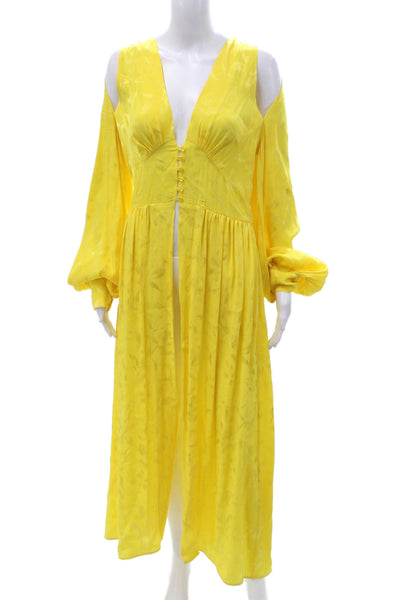 Attico Women Yellow V Neck Maxi Kaftan Dress Long Sleeve Viscose Silk Size 44