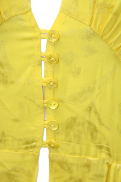 Attico Women Yellow V Neck Maxi Kaftan Dress Long Sleeve Viscose Silk Size 44
