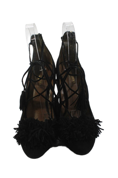 Aquazzura Womens Suede Lace Up Fringe Pumps Black Size 36.5 6.5