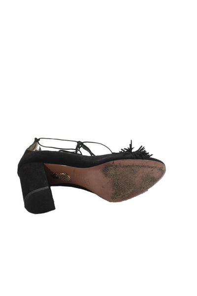 Aquazzura Womens Suede Lace Up Fringe Pumps Black Size 36.5 6.5
