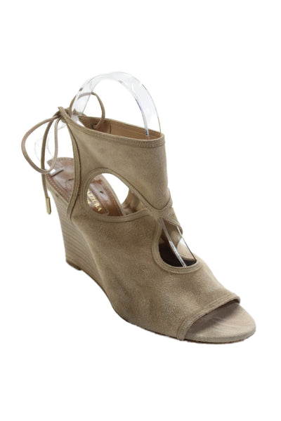 Aquazzura Womens Suede Lace Up Wedge Sandals Beige Size 38.5 8.5