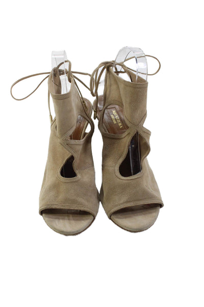 Aquazzura Womens Suede Lace Up Wedge Sandals Beige Size 38.5 8.5