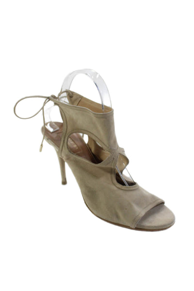 Aquazzura Womens Suede Lace Up Slingbacks Sandal Heels Beige Size 39 9
