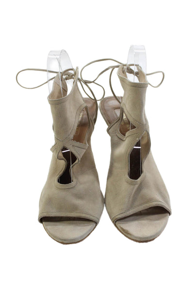 Aquazzura Womens Suede Lace Up Slingbacks Sandal Heels Beige Size 39 9
