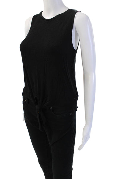 Revelation Women Basic Sleeveless Tank Cotton Blend Black Crew Neck Tie Size S