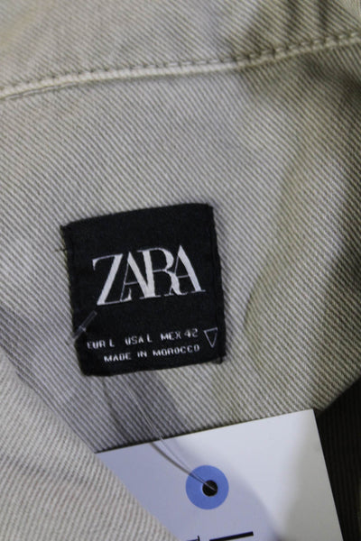 Zara Unisex Military Jacket Beige Cotton Collared Button Long Sleeve Size L