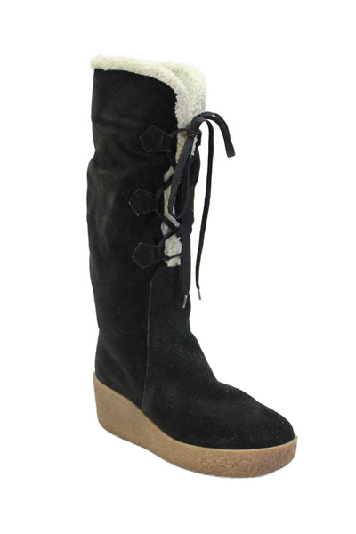 KORS Michael Kors Womens Lace Up Wedge Heel Mid Calf Boots Black Size 8