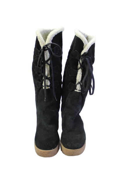 KORS Michael Kors Womens Lace Up Wedge Heel Mid Calf Boots Black Size 8