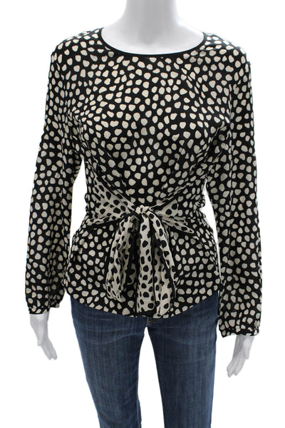 J Crew Womens Black Silk Polka Dot Long Sleeve Tie Neck Blouse Designer Size 10