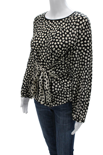 J Crew Womens Black Silk Polka Dot Long Sleeve Tie Neck Blouse Designer Size 10