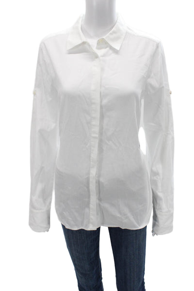 BCBGMAXAZRIA Women Long Sleeve Collared Button-Up Tunic White Cotton Size L