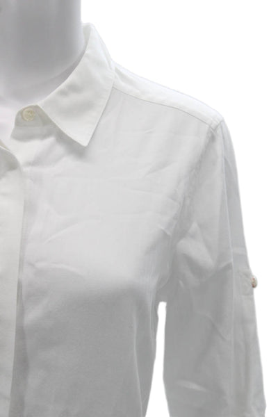 BCBGMAXAZRIA Women Long Sleeve Collared Button-Up Tunic White Cotton Size L