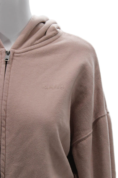 Roots Women Full-Zip Hoodie Beige Organic Cotton Recycled Polyester Size 3