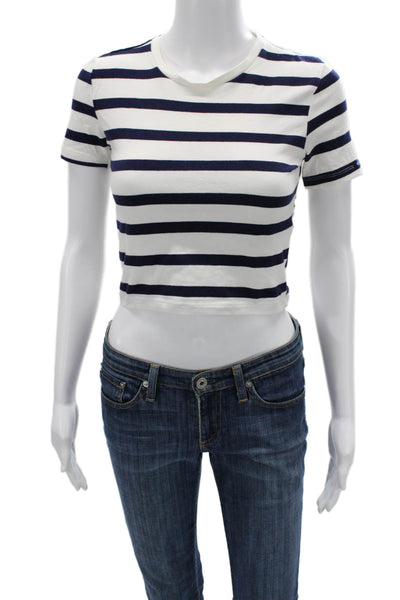Zara Women Striped Cropped T-Shirt Short Sleeve Crew Neck White Size S