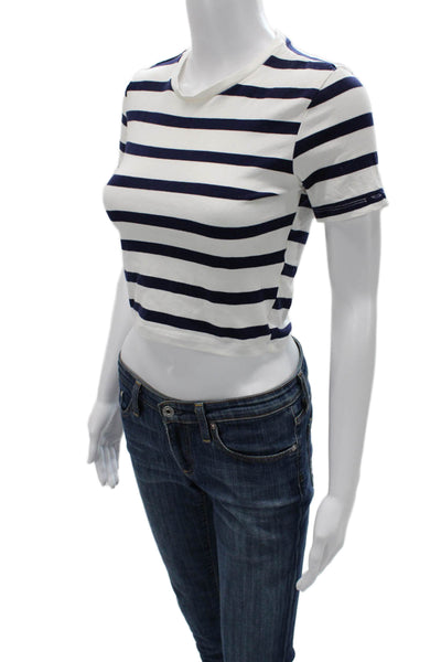 Zara Women Striped Cropped T-Shirt Short Sleeve Crew Neck White Size S