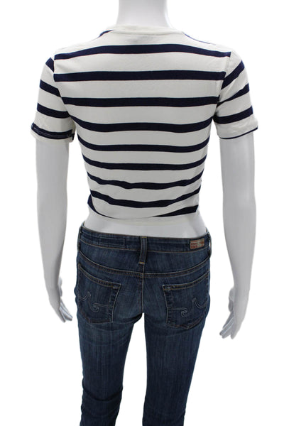 Zara Women Striped Cropped T-Shirt Short Sleeve Crew Neck White Size S