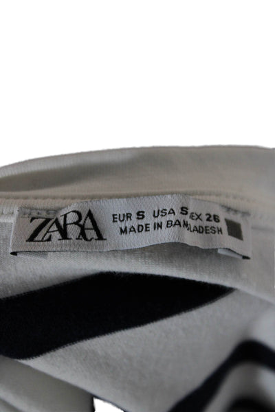 Zara Women Striped Cropped T-Shirt Short Sleeve Crew Neck White Size S